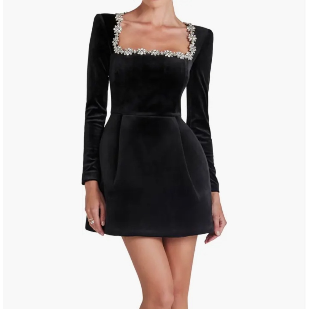 Nadine Merabi Kimberly Long Sleeve Embellished Velvet Minidress